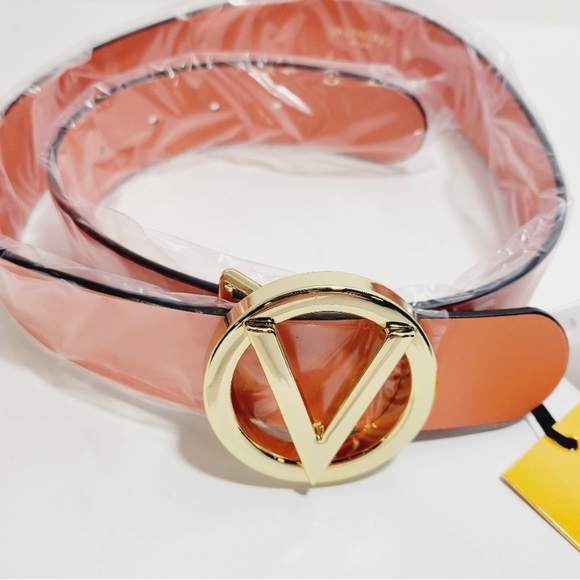 NWT Valentino by Mario Valentino Sunset Leather Guisy Logo Belt - Rare Orange - Picture 3 of 9